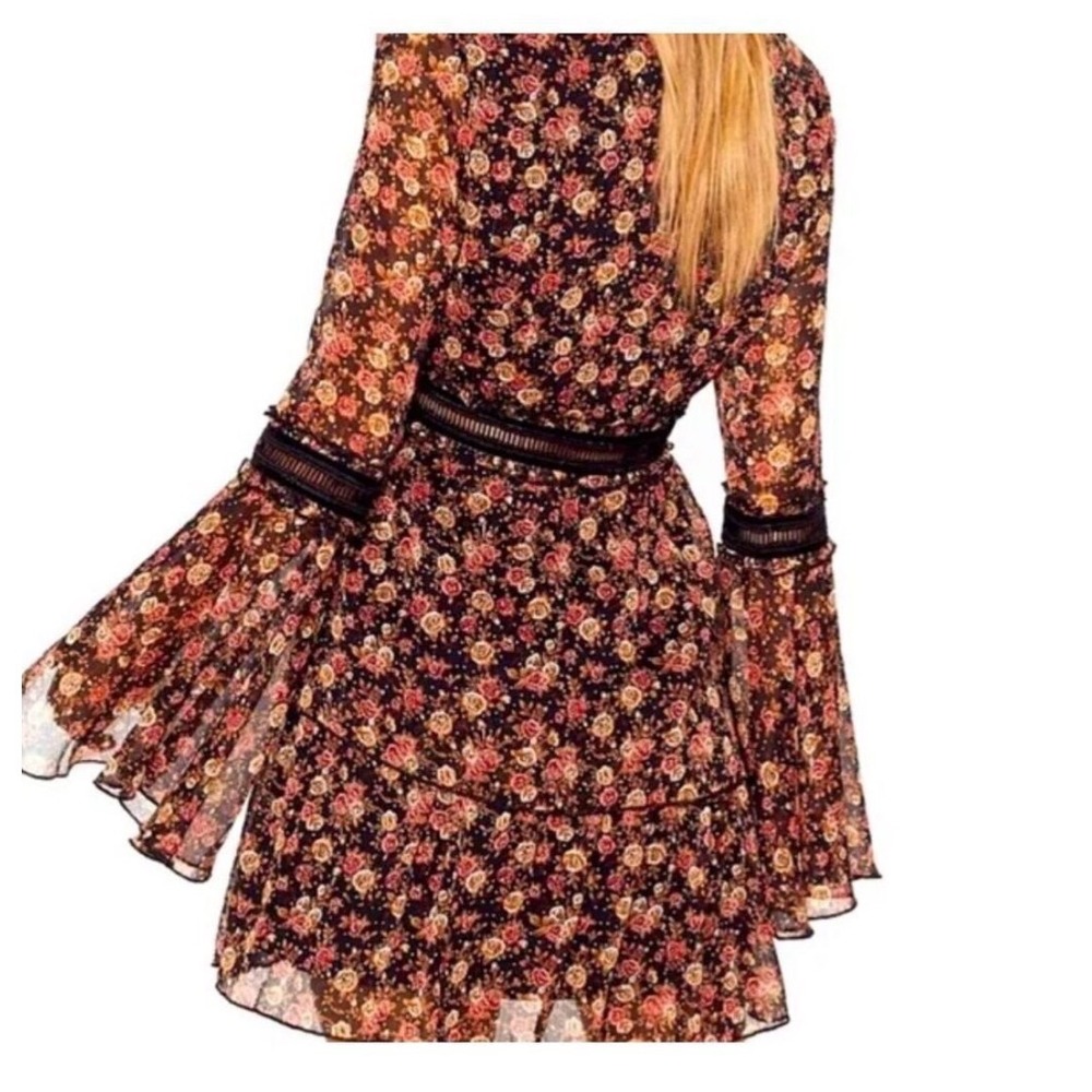 Nasty Gal Collection Floral Mini Dress Bell Sleeve Boho Black Gold US 2 - Picture 4 of 11